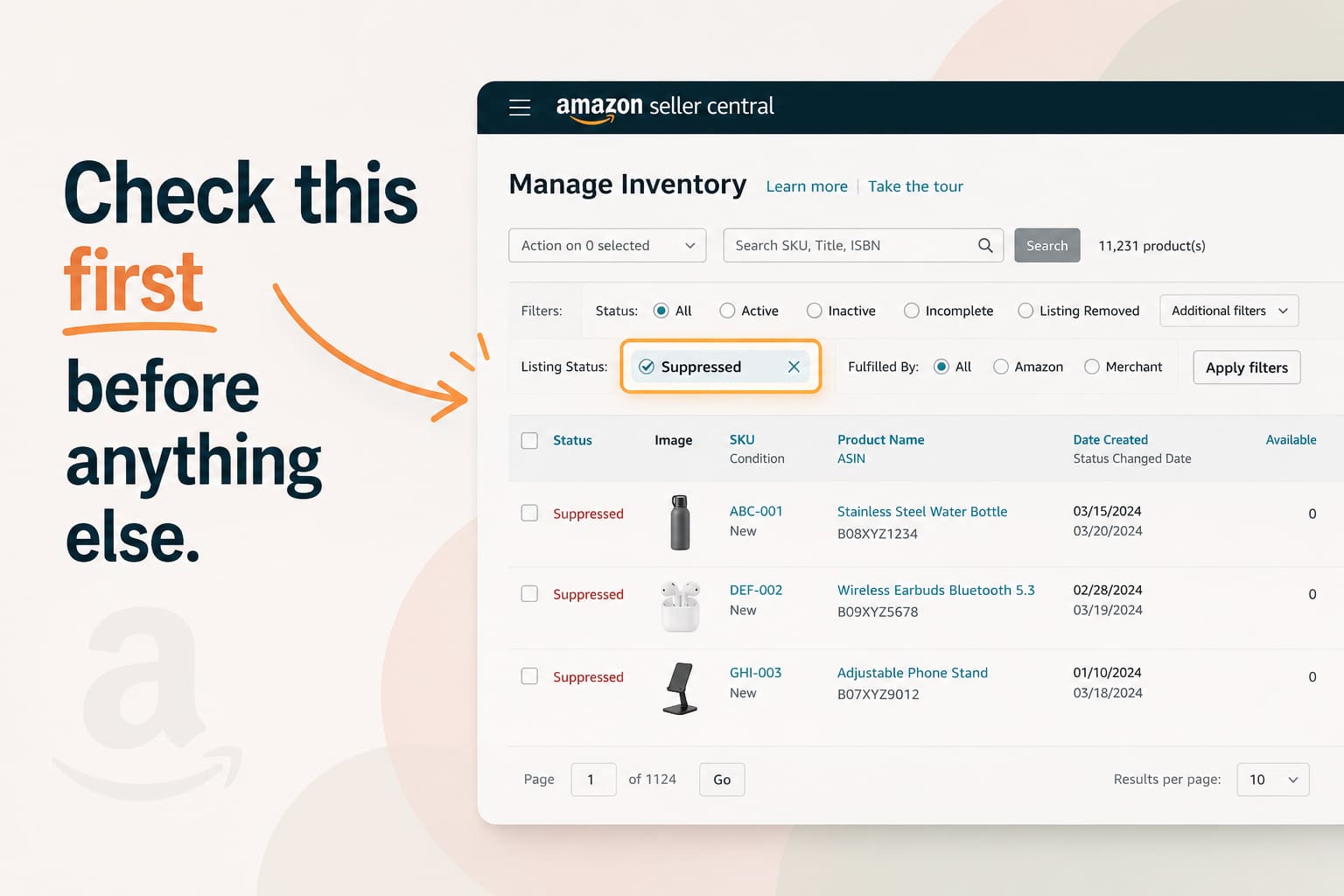 Amazon listing not showing in search with suppressed inventory example